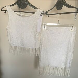 Elegant White Fringe Lace Two-Piece Skirt Set by